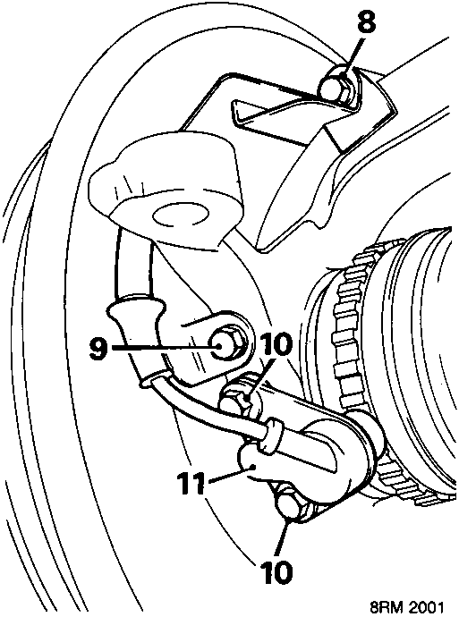 Diagram of front hub and brake assembly showing sensor harness bracket and bolt locations with callout numbers 8, 9, 10, and 11