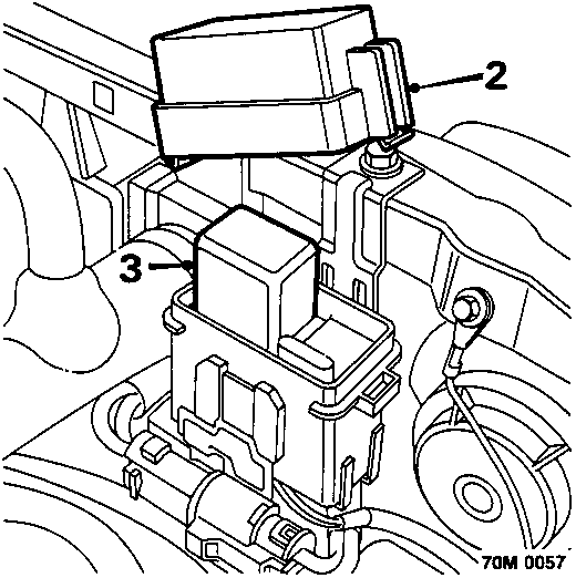 Relay box assembly showing relay cover secured by a clip, with callout numbers 2 and 3 indicating components.