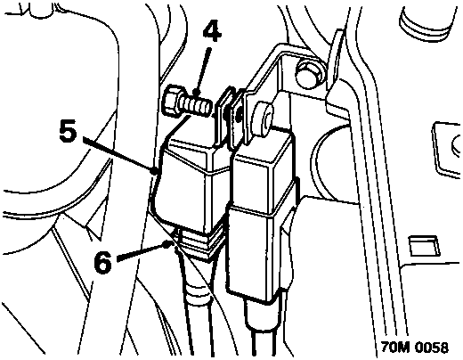 Relay mounting bracket showing relays connected to connectors, with a rubber boot folded back. Callout numbers 4, 5, and 6 indicate specific parts.