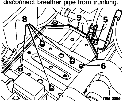 Diagram showing battery tray and pump feed hose bracket with callout numbers 5, 6, 8, and 9