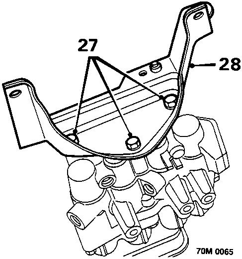 Diagram of modulator bracket being removed showing bolts 27 and bracket 28