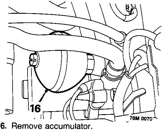Diagram showing accumulator component labeled 16 in the engine bay