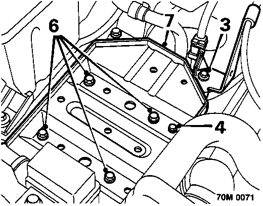 Diagram showing pump assembly components labeled 3, 4, 6, and 7 secured to battery tray