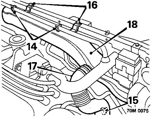 Diagram showing expansion tank hose clips 16, intake air duct side branch clip 14, bolts 17, and intake air duct 15, 18