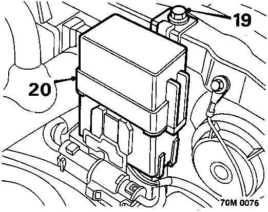 Diagram showing pump relay box 20 and securing bolt 19 on bonnet lock platform