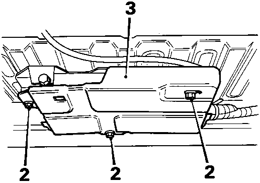 Diagram showing ECU cover secured by screw studs (2) and a cable (3) in the luggage compartment