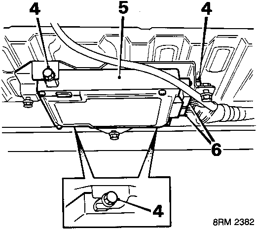 Diagram showing ECU mounted on frame with nuts (4), mounting studs (5), and multiplug connector (6) being disconnected