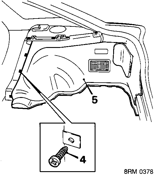 Diagram showing the right-hand carpet area with callout numbers 4 and 5, and an inset detail of a screw securing the carpet.