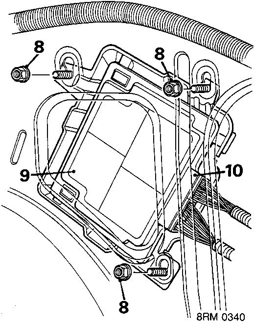 Diagram showing the ECU mounted in the vehicle body frame with callout numbers 8, 9, and 10 indicating mounting nuts and wiring.