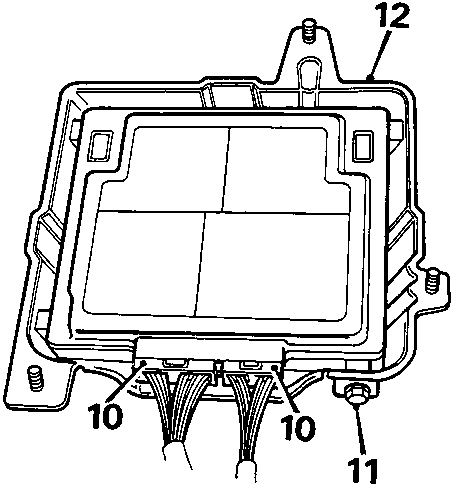Diagram of the ECU unit with its cover removed, showing callout numbers 10, 11, and 12 for multiplugs, bolts, and the cover.