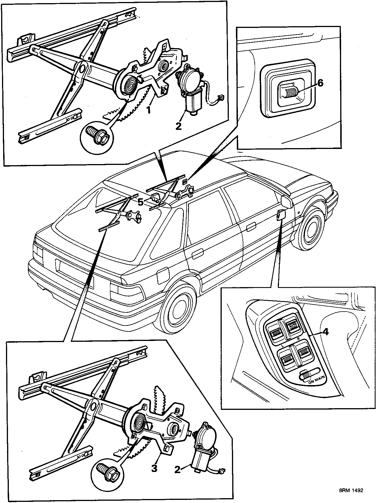 Diagram of a roof rack system showing the scissor mechanism, motor, mounting brackets on the car roof, interior switch panel, and exterior key lock. Numbered callouts identify components 1 through 6.