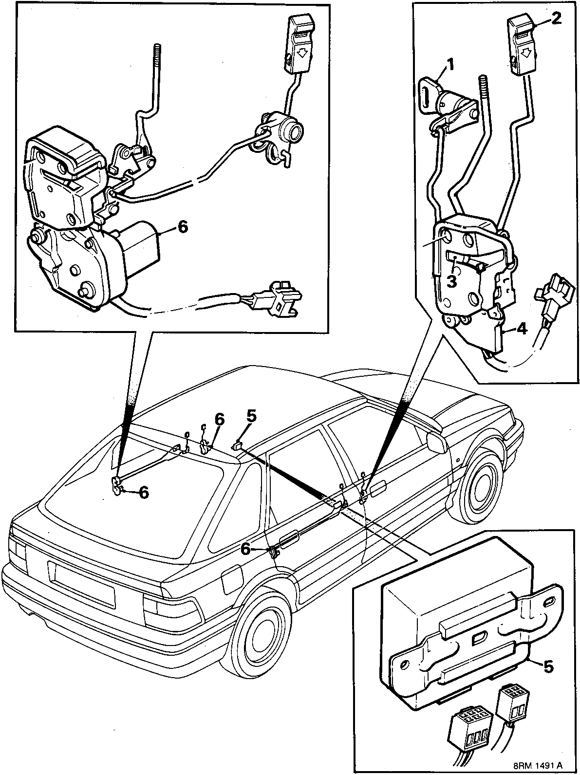Diagram of the electric door lock system showing the driver's door latch mechanism, control unit, and motor locations on the vehicle body with numbered callouts.