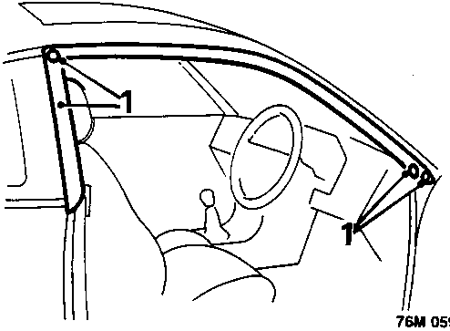Diagram showing the A-pillar and upper door frame area with callout 1 pointing to studs securing the door glass seal