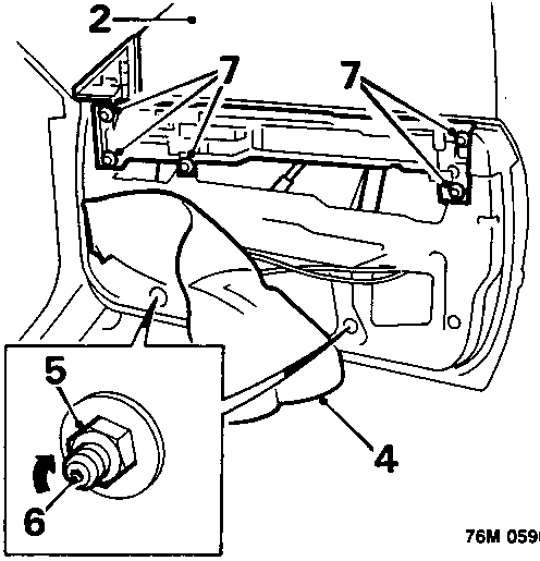Diagram showing the interior door panel with the plastic sheet removed, revealing the door cassette mechanism, alignment studs (7), and mounting bolts (5, 6)