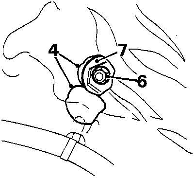 Diagram showing the door panel access flap, adjustment cam (7), and locknut (6)