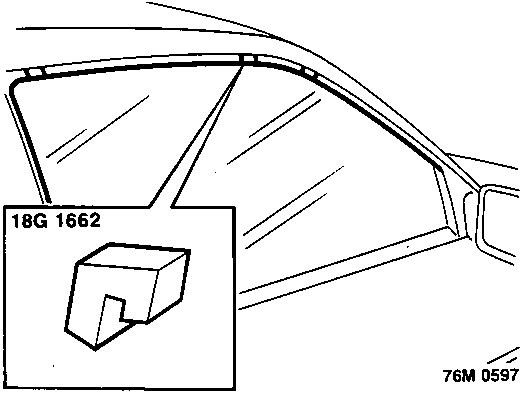 Diagram showing glass alignment block 18G 1662 positioned against the door window frame.