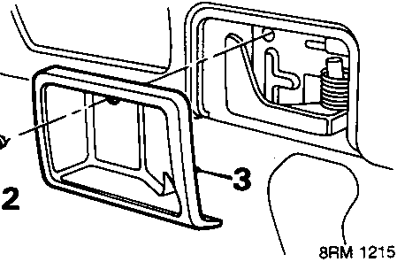 Diagram showing the interior door handle escutcheon (3) and a screw (2) being removed.