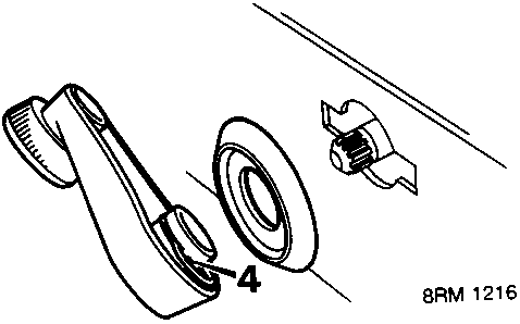 Diagram showing the regulator handle (4), its retaining clip, and the escutcheon for a manual window.