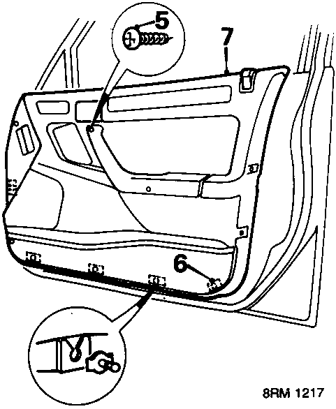 Diagram of rear door interior showing location of screws, studs, and trim pad