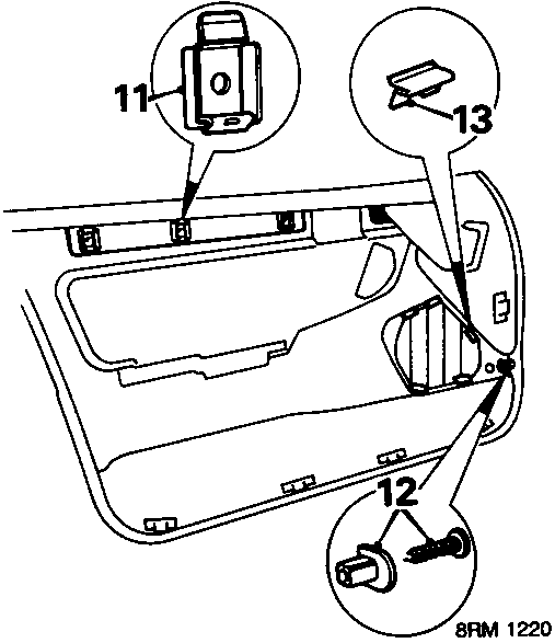 Diagram of lower door trim area showing capping inserts, speaker grille, and screw locations