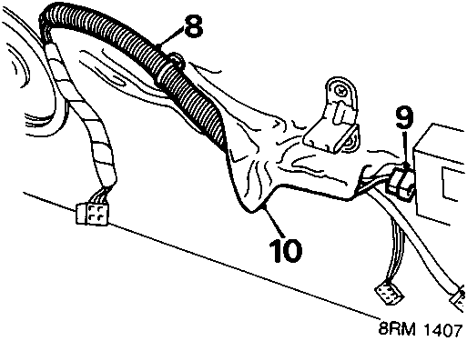 Diagram showing door harness, lock multiplug, and plastic sheet with callout numbers 8, 9, and 10.