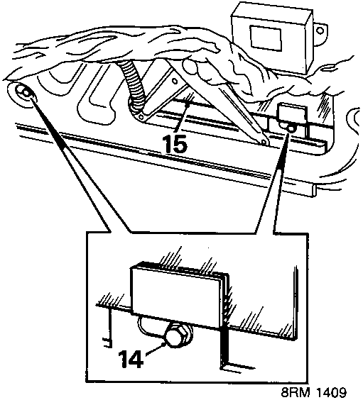 Diagram showing glass attached to window regulator with callout numbers 14 and 15.