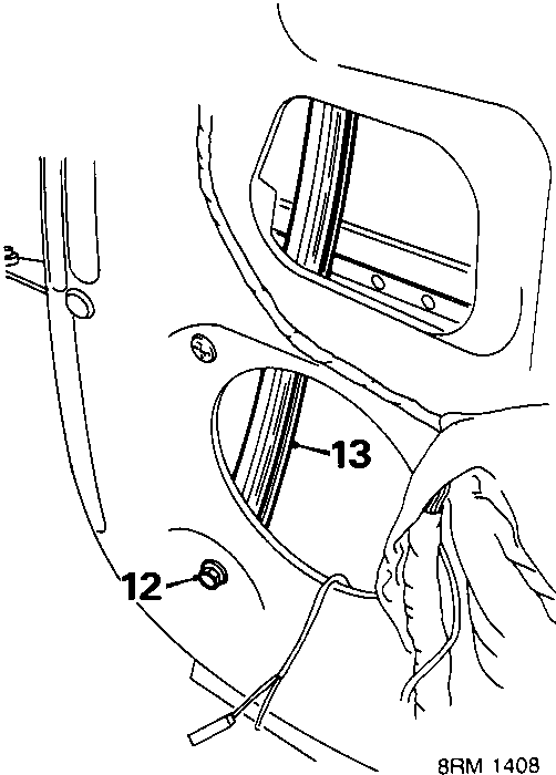 Diagram showing front glass channel bolt and release point with callout numbers 12 and 13.