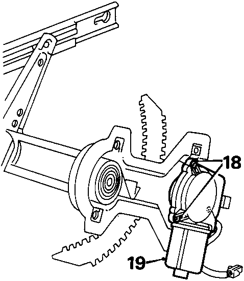 Diagram of window regulator motor and regulator assembly with callout numbers 18 and 19