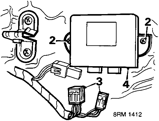 Diagram of electric window switch control unit showing mounting screws and electrical connectors with callout numbers 2, 3, and 4