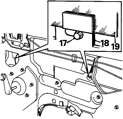 Diagram showing bolts securing glass to window regulator and release mechanism for glass