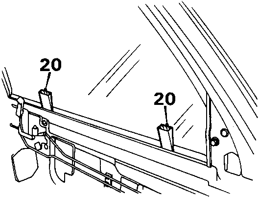 Diagram showing the top of a car door window with two wedges labeled 20 securing the glass in place