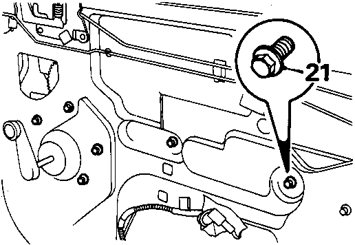 Close-up diagram of the door regulator mechanism showing a bolt labeled 21 being removed