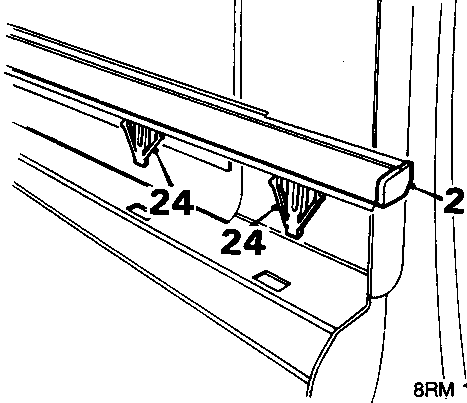 Diagram of the lower door panel showing the waist seal, end cap, and clips labeled 23 and 24