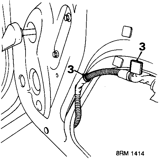 Diagram showing clips securing harness to door, with callout number 3