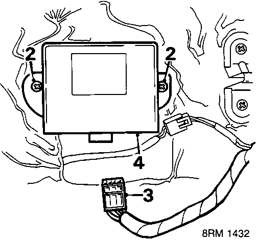 Diagram showing the location of the central door locking control unit (item 4) secured by two screws (item 2), with a multiplug connector (item 3) attached to it.