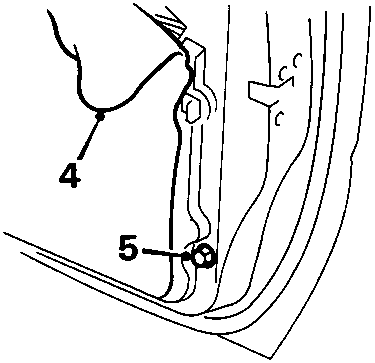 Diagram showing the release of a plastic sheet from the rear of the door, with a screw (labeled 5) securing the window rear guide channel.