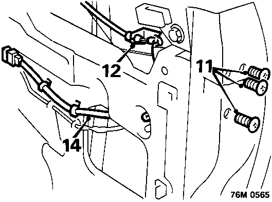 Diagram showing the removal of three screws (labeled 11) to release the latch, the release of an interior handle link rod or cable (labeled 12), and the disconnecting of a central locking motor fly-lead (labeled 14).