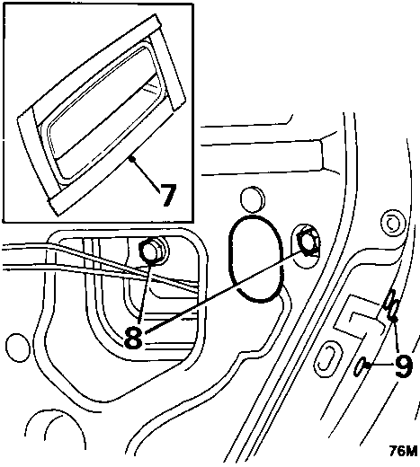 Diagram showing exterior door handle, access hole, and latch assembly with callout numbers 7, 8, and 9.