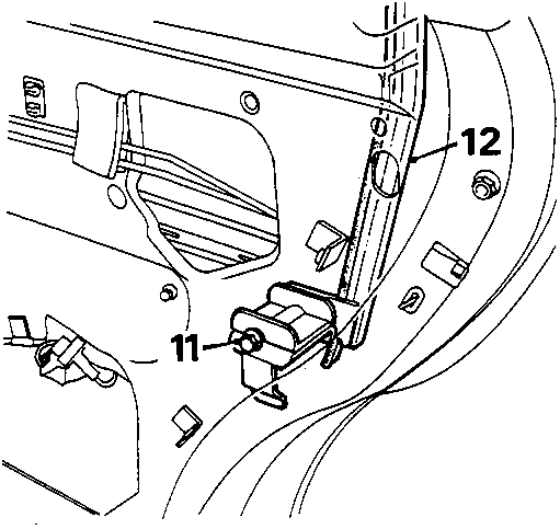Diagram showing the lower end of the window rear guide channel and latch assembly with callout numbers 11 and 12.