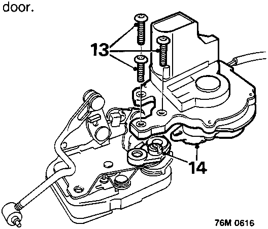 Diagram showing the central locking motor attached to the latch assembly with callout numbers 13 and 14.