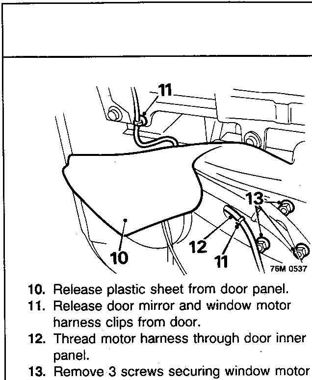 Diagram showing release of plastic sheet, door mirror and window motor harness clips, threading motor harness through door inner panel, and removal of screws securing window motor from door.