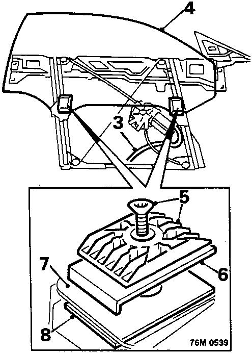Diagram of door glass cassette with numbered callouts 3, 4, 5, 6, 7, 8 and reference 76M 0539