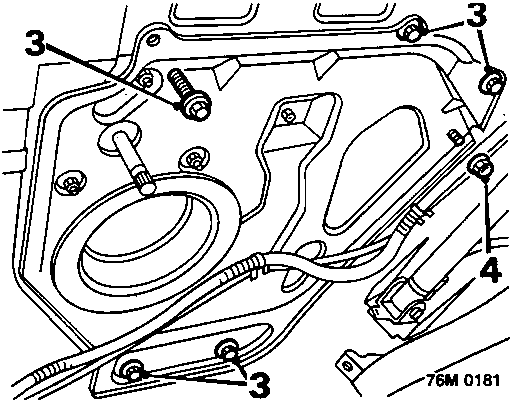Diagram showing removal of bolts securing rear window regulator mounting plate to body, with callout numbers 3 and 4