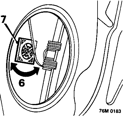 Diagram showing disengagement of square locking plate from regulator spigot through speaker aperture, with callout numbers 6 and 7