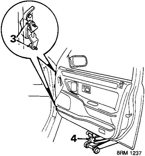 Diagram showing door hinge adjustment area with callout numbers 3 and 4