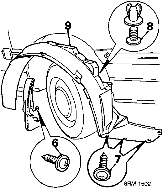 Diagram of rear wheel arch area showing removal points for mud flap, bumper to wheel arch liner screws, wheel arch liner screws and clips, and the front wheelarch liner. Callout numbers 6, 7, 8, and 9 are visible.
