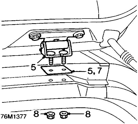 Diagram showing taildoor hinge release, gasket removal, and alignment studs with callout numbers 5, 7, and 8