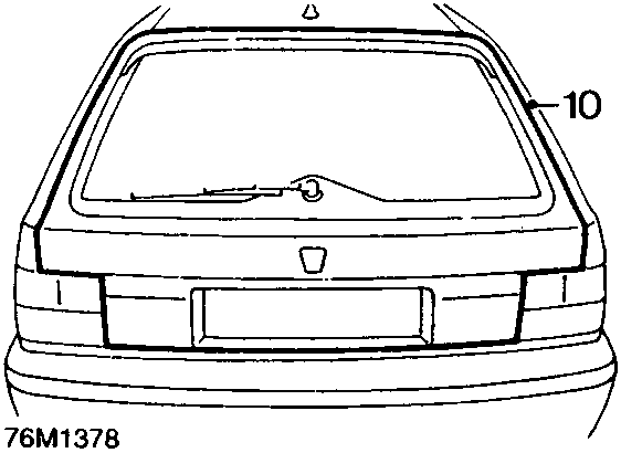 Rear view of a car showing the taildoor and rear window, with callout number 10 pointing to the upper right corner of the taildoor.