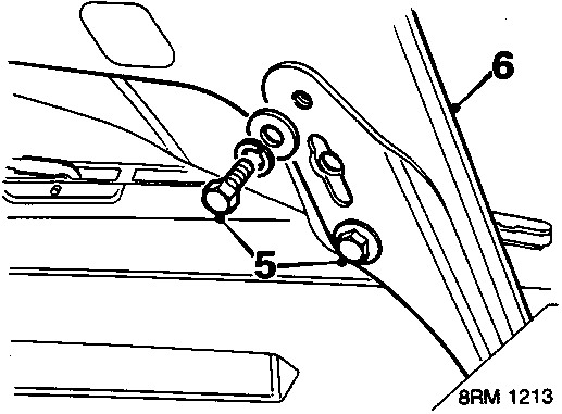 Technical drawing of the bonnet hinge area showing bolts securing the hinge to the bonnet, with callout numbers 5 (bolts) and 6 (hinge).