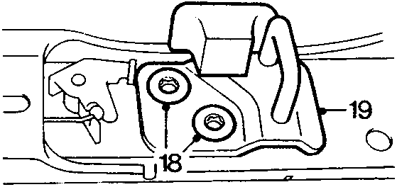 Close-up technical drawing of a taildoor striker plate assembly mounted on the vehicle body, with callout numbers 18 and 19 indicating specific screws and the plate.